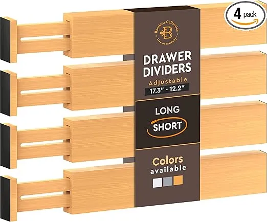 Bambüsi 4 Pack Drawer Divider - Bamboo 2.6" High, 12.5-17" Adjustable Drawer Organizers for Clothes, Expandable Dresser Separators in Bedroom/Bathroom/Kitchen/Office Organization and Storage