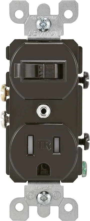 Leviton T5225 Combination, 15 Amp, 120 Volt AC Toggle Switch, and 15amp, 125 Volt 5-15R Tamper Resistant Receptacle, Grounding, Brown