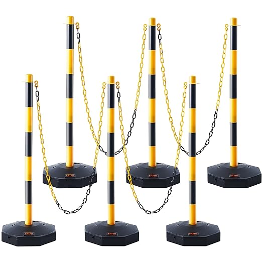 VEVOR Adjustable Traffic Delineator Post Cones, 4 Pack, Traffic Safety Delineator Barrier with Fillable Base 8FT Chain, for Traffic Control Warning Parking Lot Construction Caution Roads, Yellow&Black
