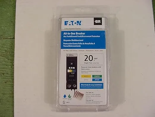 Eaton BRN120A1CS BR 20A 120V 1-Pole Arc Fault/Ground Fault Circuit Breaker, Black