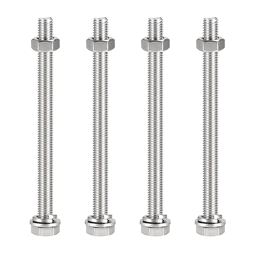 uxcell M10 x 140mm Hex Head Screws Bolts, Nuts, Flat & Lock Washers Kits, 304 Stainless Steel Fully Thread Hexagon Bolts 4 Sets