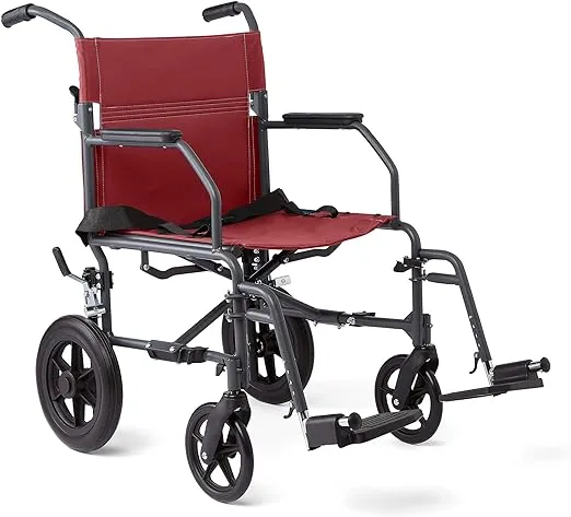 Medline Basic Steel Transport Chair - Full-Length Arms, Swing-Away Footrests, 12" Wheels - Gray/Burgundy - Durable & Convenient Mobility Aid