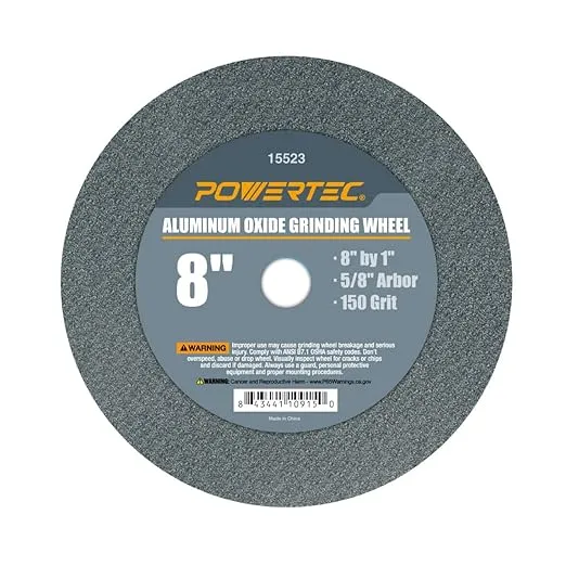POWERTEC Bench Grinder Wheel 8 Inch 150 Grit, Aluminum Oxide Grinding Wheel for Bench Pedestal Grinder, 1" Thick 5/8" Arbor, Sharpening & Shaping Drill Bits, Blade, and Chisel 1PK (15523)