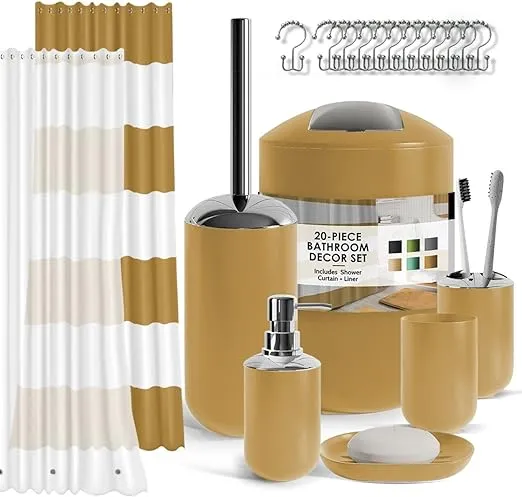 Clara Clark Bathroom Set - Gold Bathroom Accessories Set, 20PC Bathroom Accessory Set, Shower Curtain Set with Liner, Toothbrush Holder, Soap Dispenser, Soap Dish, Toilet Brush Holder, and Trash Can