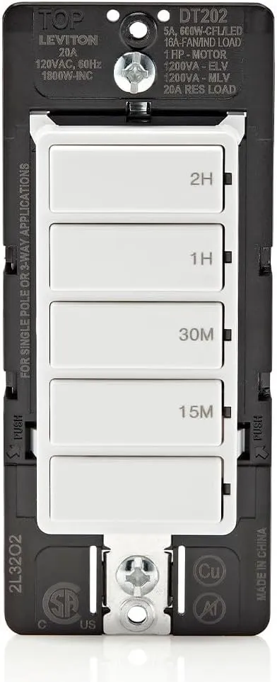 Leviton DT202-1LW Countdown Switch for lights, attic, heaters, pool pumps, 15-30 min, 1-2 hour, Neutral Wire Required, 20A, 1 HP/16A Fan/Motor, Single Pole, Multi-Way or Multi-Timer, White