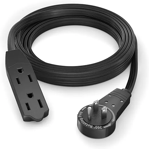Maximm Cable 8 Ft 360° Rotating Flat Plug Extension Cord/Wire, 16 AWG Multi 3 Outlet Extension Wire, 3 Prong Grounded Wire - Black - UL Certified