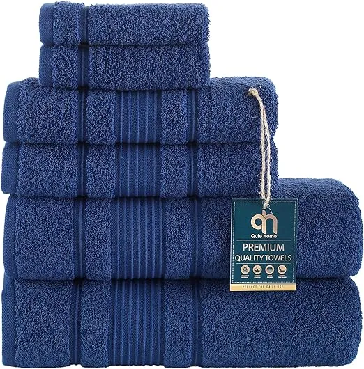 Qute Home 6-Piece Bath Towels Set, 100% Turkish Cotton Premium Quality Bathroom Towels, Soft and Absorbent Turkish Towels, Set Includes 2 Bath Towels, 2 Hand Towels and 2 Washcloths (Navy Blue)