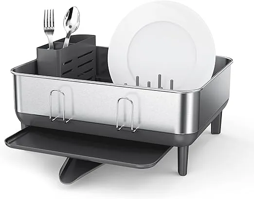 simplehuman Compact Kitchen Dish Drying Rack With Swivel Spout, Fingerprint-Proof Stainless Steel Frame, Grey Plastic