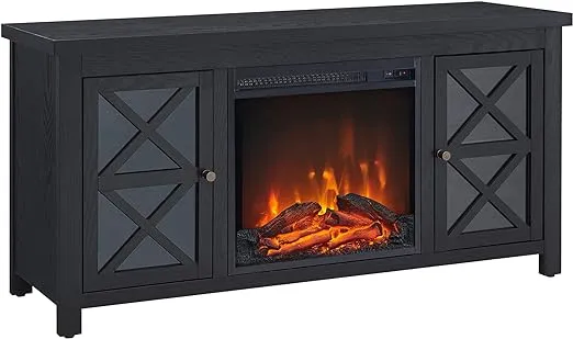 Henn&Hart Rectangular TV Stand with Log Fireplace for TV's up to 55" in Black, Electric Fireplace TV Stands for the Living Room