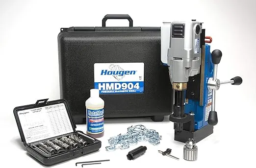 Hougen HMD904 115 Volt Magnetic Drill With Coolant Bottle Plus 1/2" Drill Chuck, Adapter and 12002 Rotabroach Cutter Kit