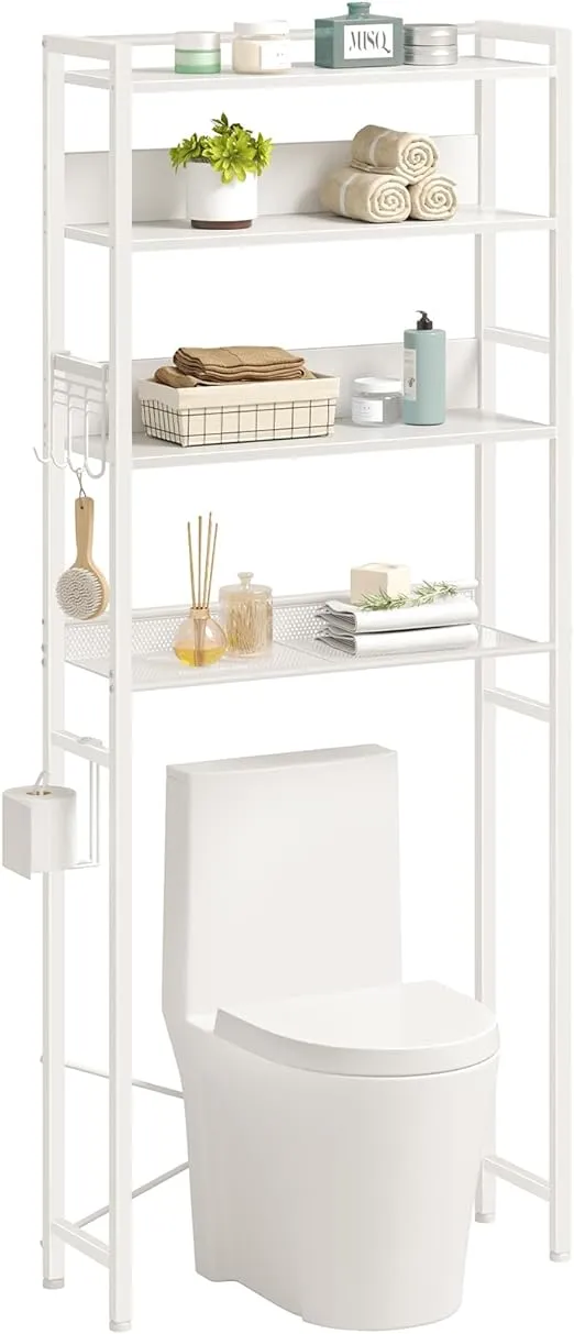 Rolanstar Over The Toilet Storage, 4-Tier Wooden Bathroom Space Saver with Hooks, Freestanding Bathroom Organizer, Multifunctional Over The Toilet Storage Rack, Bathroom Toilet Rack, White