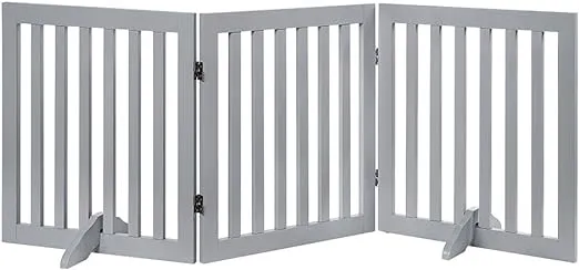 unipaws 24”H Free Standing Pet Gate for Dog Cat Baby, Wooden Dog Gates for Doorway, Stairs, Step Over Foldable Pet Fence for The House, Expandable Dog Barrier, Indoor Use, Grey