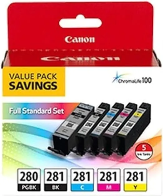 Canon PGI-280 / CLI-281 5 Color Ink Pack, Compatible to TS8120,TS6120,TR8520,TR7520, and TS9120 Wireless Printers, Multi, PGI-280 Full Standard Set