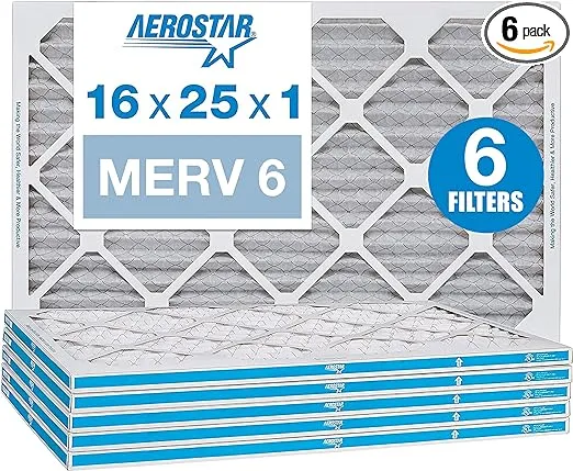 Aerostar 16x25x1 MERV 6 Pleated Air Filter, AC Furnace Air Filter, 6 Pack (Actual Size: 15 3/4"x 24 3/4" x 3/4")