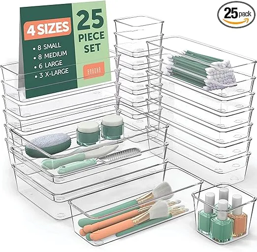 25 PCS Clear Plastic Drawer Organizers Set, 4 Sizes Clear Drawer Organizers & storage Bins for Makeup/Jewelry Vanity, Kitchen Gadgets Or Office Desk. Bathroom Drawer Organizer Trays With Non-Slip Pads