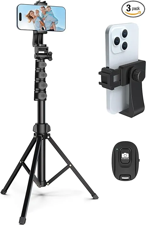 64” Tripod for Cell Phone & Camera, Phone Tripod with Remote and Phone Holder, Portable Tripod for iPhone, Phone Tripod for Video Recording, Cell Phone Tripod Mount Stand for Cellphone