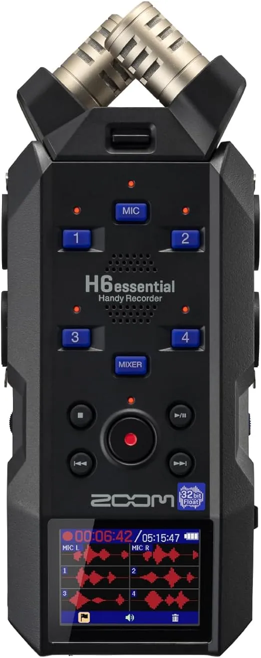 Zoom H6essential (2024 Model, Essential Series) with 32-Bit Float, Accessibility, 6-Track Recorder, Stereo Microphones, 4 XLR/TRS Inputs, USB Audio Interface, for Musicians, Podcasters, & Filmmakers