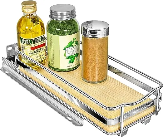 LYNK PROFESSIONAL® Élite™ Pull Out Spice Rack Organizer for Inside Kitchen Cabinets - 4-1/4 inch Wide - Slide Out Drawer – Wood/Chrome Sliding Spice Cabinet Organization Shelf Racks - 1 Tier