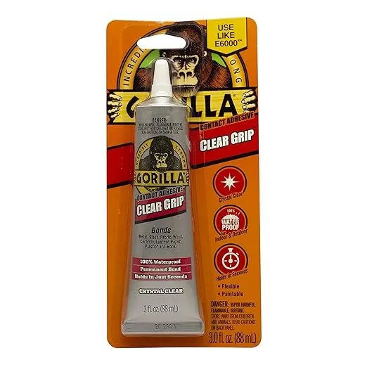 Gorilla Clear Grip - Fast Setting Contact Adhesive - Waterproof, Paintable Clear Glue for Indoor or Outdoor Application - Heavy Duty Shoe Repair Glue for Leather, Ceramics, Wood - 88ml/3oz (Pack of 1)