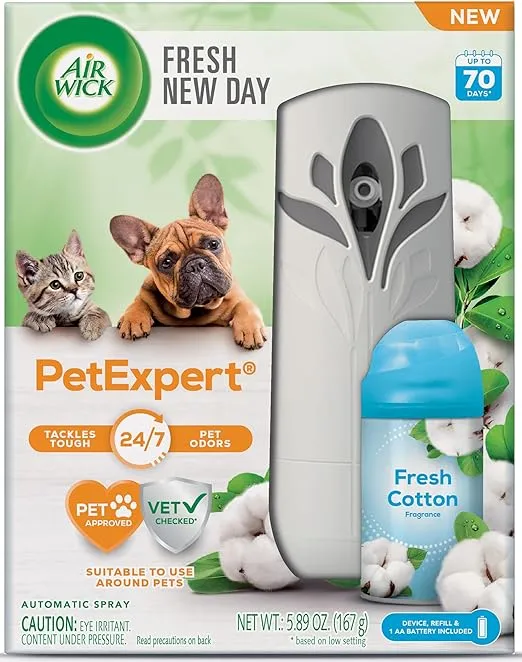 Air Wick Automatic Spray Starter Kit Fresh New Day Pet Fresh Cotton, Air Freshener, Essential Oils, Odor Neutralization