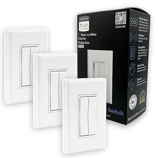 RunLessWire Click for Philips Hue Self Powered (NO Batteries) & Wireless Smart Dimming Switch Friends of Hue Switch Control for Philips Bulbs & Phone App Works with All Smart Home Hubs - 3 Pack White