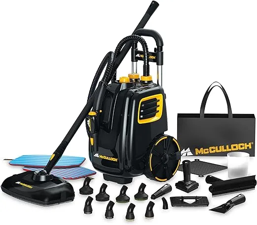 McCulloch MC1385 Deluxe Canister Steam Cleaner with 23 Accessories, Chemical-Free Pressurized Cleaning for Most Floors, Counters, Appliances, Windows, Autos, and More, 1-(Pack), Black