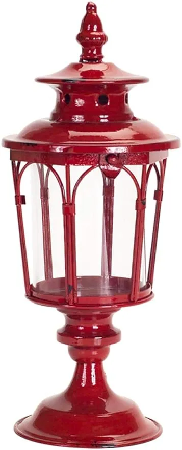 Melrose Lantern, Candle Holder 17-inch Height, Metal, Red, Tabletop Lantern for Outdoor Patio Rustic Home Decor, Candle Holders with Clear Glass