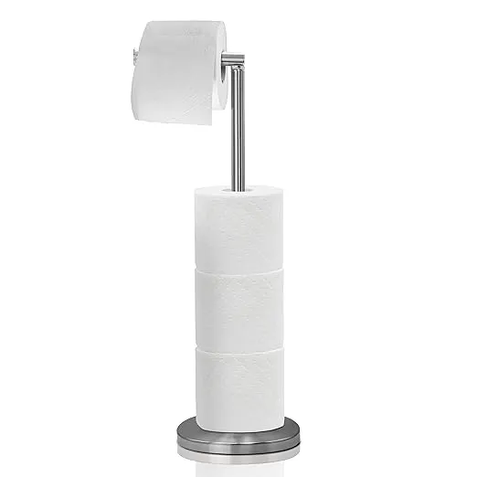 BROOKSTONE, Minimalist Chrome Toilet Paper Holder with Dispenser, Freestanding Bathroom Tissue Organizer, Minimal Storage Solution, Stylish Design, Holds 3-4 Extra Large Rolls