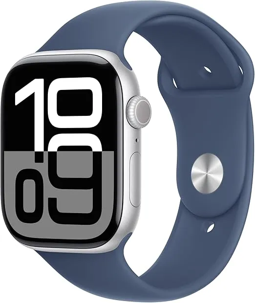 Apple Watch Series 10 [GPS + Cellular 46mm case] Smartwatch with Silver Aluminium Case with Denim Sport Band - S/M. Fitness Tracker, ECG App, Always-On Retina Display, Water Resistant