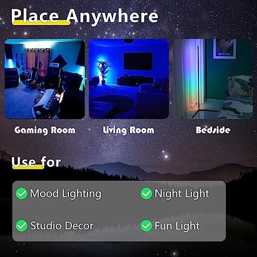 TACAHE Corner Floor Lamp - RGB Color Changing Mood Light, Dimmable LED Modern Floor Lamp with Remote, 56" Metal Standing Lamp for Living Room, Bedroom 20W - Black