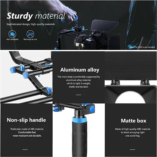 Neewer Shoulder Rig Kit for DSLR Cameras and Camcorders, Movie Video Film Making System with Matte Box, Follow Focus, C-Shaped Bracket, 15mm Rods, Handgrip, 1/4” & 3/8” Threads (Blue + Black)