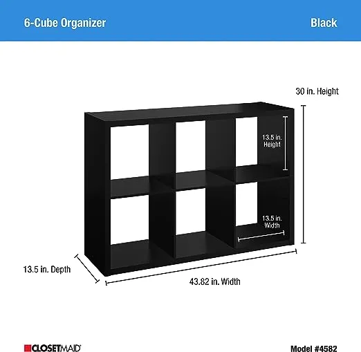 ClosetMaid 6 Cube Storage Shelf Organizer Bookshelf with Open Back, Vertical or Horizontal, Easy Assembly, Wood, Black Finish