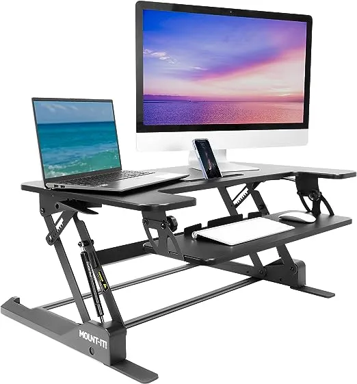 Mount-It! Standing Desk Converter - Height Adjustable Stand Up Desk Riser with Manual Lift, 36.5" x 22" Desktop, Stand up Desk Convertor in Black, Fits Dual Monitors, Laptop and Keyboard Mouse Tray