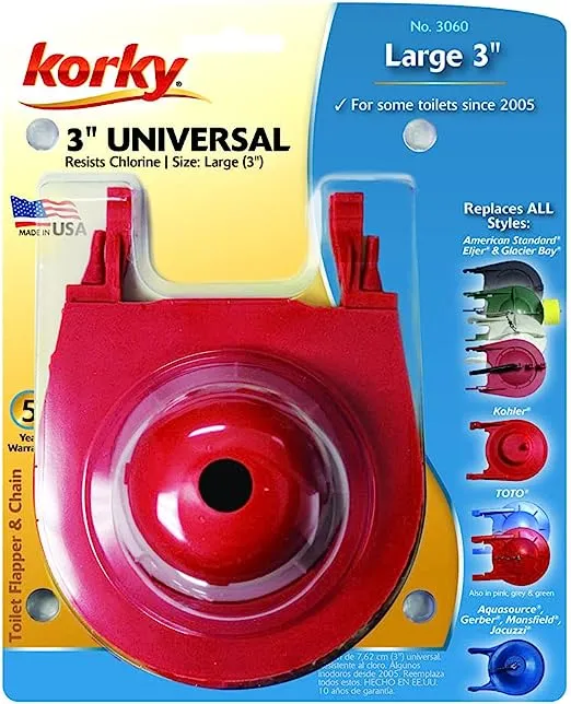 Korky 3060BP Universal Toilet Flapper Replaces Most Large 3-Inch Flappers - Long Lasting Rubber - Easy to Install - Made in USA, Red