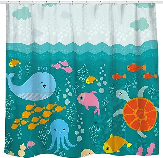 Sunlit Lovely Cartoon Sea Creatures Fabric Shower Curtain for Kids, Whale Turtle and Fish Bathroom Decor Curtain for Girls and Boys