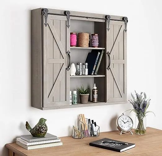 Kate and Laurel Cates Decorative Wood Wall Storage Cabinet with Two Sliding Barn Doors, Rustic Gray