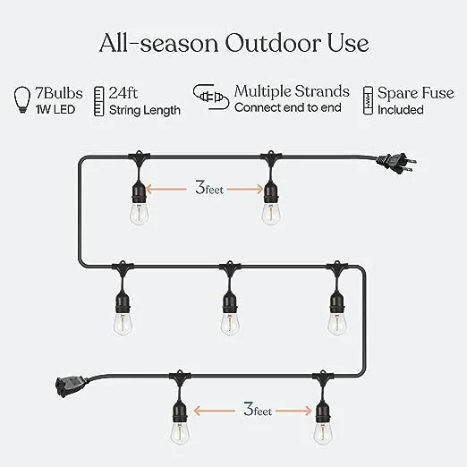 Brightech Ambience Pro LED String Lights - 24 Ft Commercial Grade Patio Lights Outdoor Waterproof - 7 Heavy Duty Porch Lights for Outside, Christmas, Backyard - 1W Vintage Edison Bulbs, Dimmable