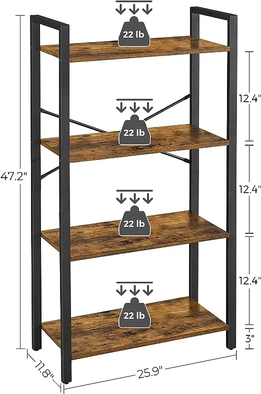 VASAGLE 4-Tier Tall Bookshelf, Bookcase with Steel Frame, Book Shelf for Living Room, Home Office, Study, 11.8 x 25.9 x 47.2 Inches, Industrial Style, Rustic Brown and Black ULLS60BX