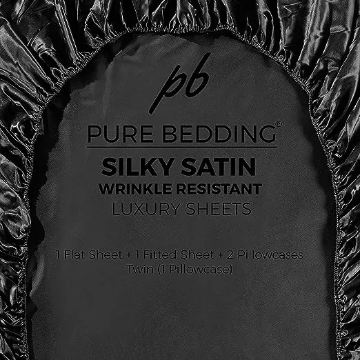 Satin Sheets Twin [3-Piece, Black] Hotel Luxury Silky Bed Sheets - Extra Soft 1800 Microfiber Sheet Set, Wrinkle, Fade, Stain Resistant - Deep Pocket Fitted Sheet, Flat Sheet, Pillow Cases