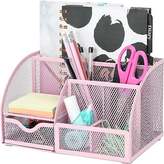 Exerz Desk Organizer Light Pink Office Desk Accessories Supplies Office Storage Desktop Pencil Pen Holder with Drawer Home Workspace