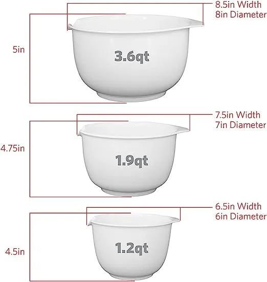 GLAD Mixing Bowls with Pour Spout, Set of 3 | Nesting Design Saves Space | Non-Slip, BPA Free, Dishwasher Safe Plastic | Kitchen Cooking and Baking Supplies, White