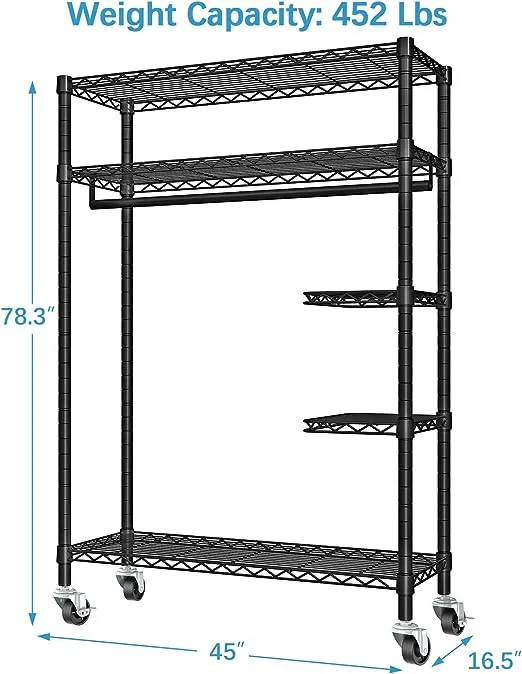 VIPEK V11S Heavy Duty Clothes Racks Wire Clothing Rack With Wheels, Rolling Garment Rack for Hanging Clothes, Portable Closet Freestanding Metal Wardrobe Racks for Storage, Max Load 452lbs, Black