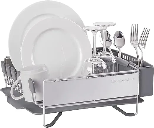 KitchenAid Compact Space Saving, Dish Rack with Removable Flatware Caddy and Angled Self Draining Drainboard, Satin Gray, 15-Inch-by-13.25-Inch