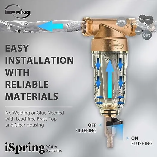iSpring WSP-100SL Reusable Whole House Spin Down Sediment Water Filter, Siliphos Helps Prevent Scale and Corrosion, 1" MNPT + 3/4" FNPT, 100 Micron