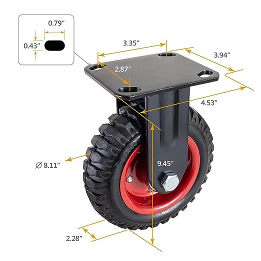 POWERTEC 8 Inch Caster Wheels, Heavy Duty Fixed Plate Casters with Rubber Knobby Tread for Workbench, Dolly, Cart, Trolley, Wagon and Chicken Coop, Large Rubber Castor Wheels, 1PK (17053)
