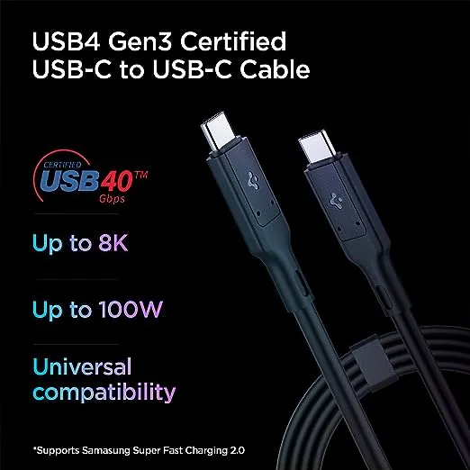 Spigen [USB-IF Certified USB 4 Cable 2.6ft for Thunderbolt 4 3 Cable,100W Charging 40Gbps Data Transfer 8K Video Type C for MacBook iPad M2 M1 Pro Air Galaxy S23 S22 Ultra Plus Mac Mini External SSD