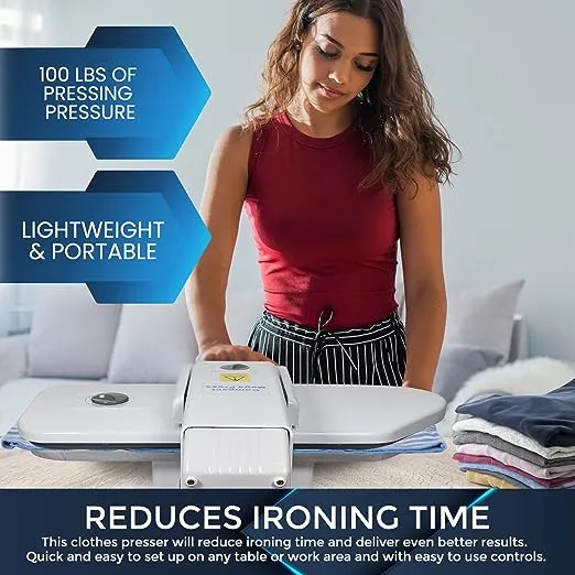 Compact Ironing Steam Press with Extra Cover & Foam Padding 22”x10” Clothes Press Machine for Home - 5 Temperature Settings for All Fabrics and Steam Burst Function for Perfect Ironing