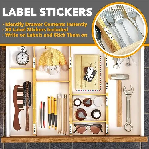 SpaceAid Bamboo Drawer Dividers with Inserts and Labels, Kitchen Adjustable Drawer Organizers, Expandable Organization for Home, Office, Dressers, 4 Dividers with 9 Inserts (13.25-17 in)