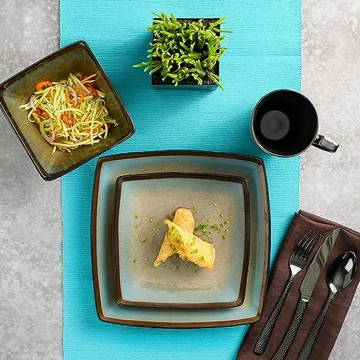 Gibson Elite Tequesta Square Reactive Glaze Stoneware Plates and Bowls Dishes Dinnerware Set, Service for 4 (16pcs), Taupe