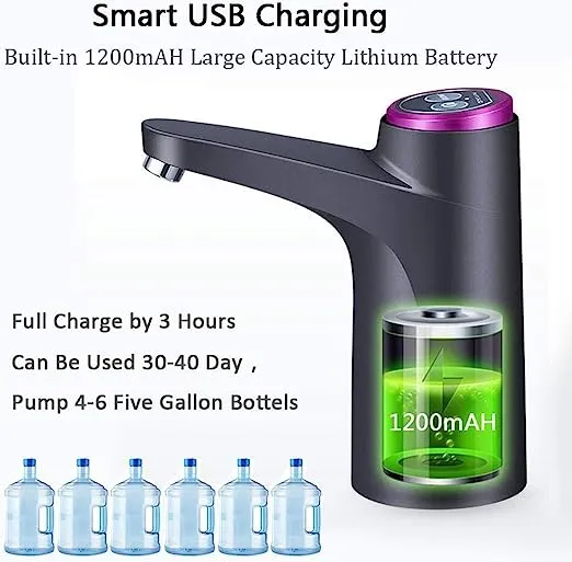 Cozy BlueWater Dispenser, Portable Water Bottle Pump for Universal 3, 4 and 5 Gallon with USB Electric Charging and Automatic Off Switch (Black)